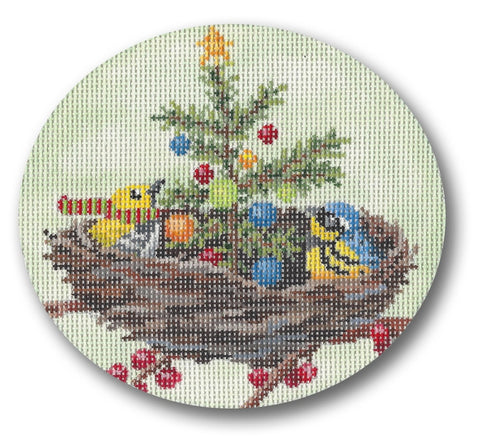 Ornament Round - Birds in Nest with Tree