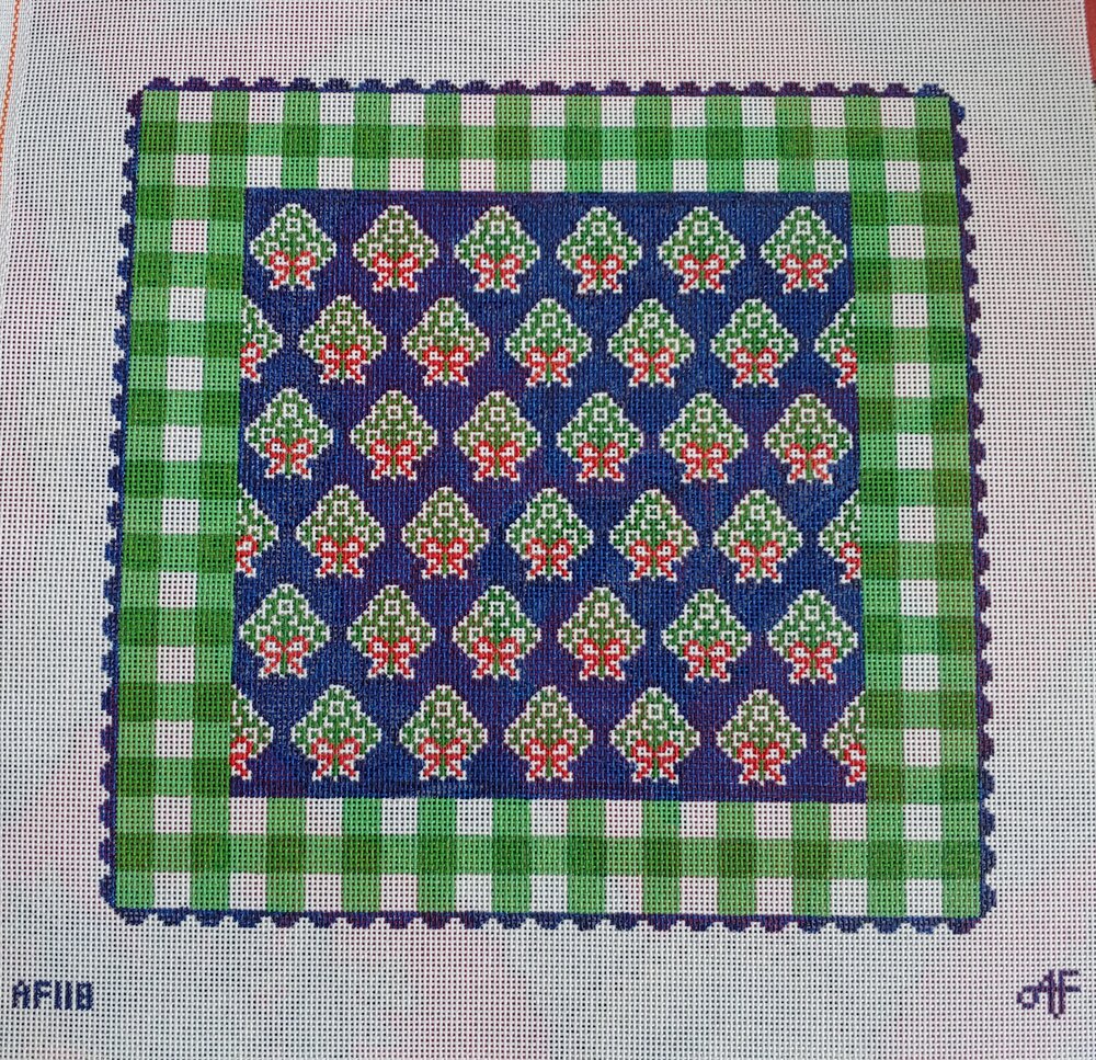 Blue Holiday Pillow w/Green Gingham