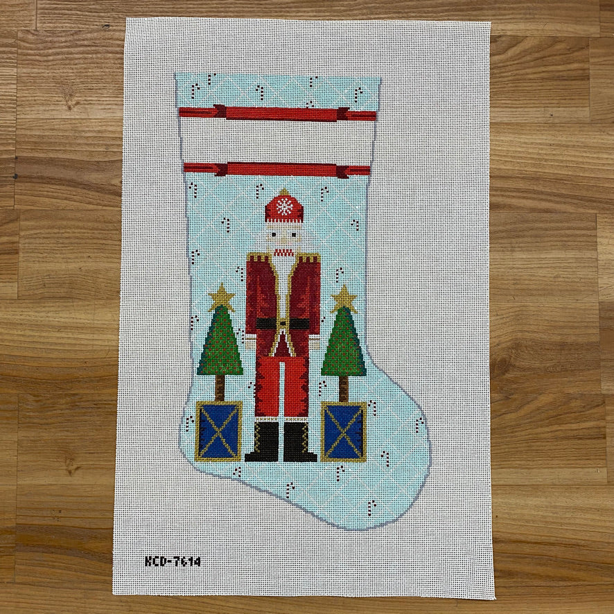 Stocking: Santa Nutcracker with Stars on Blue