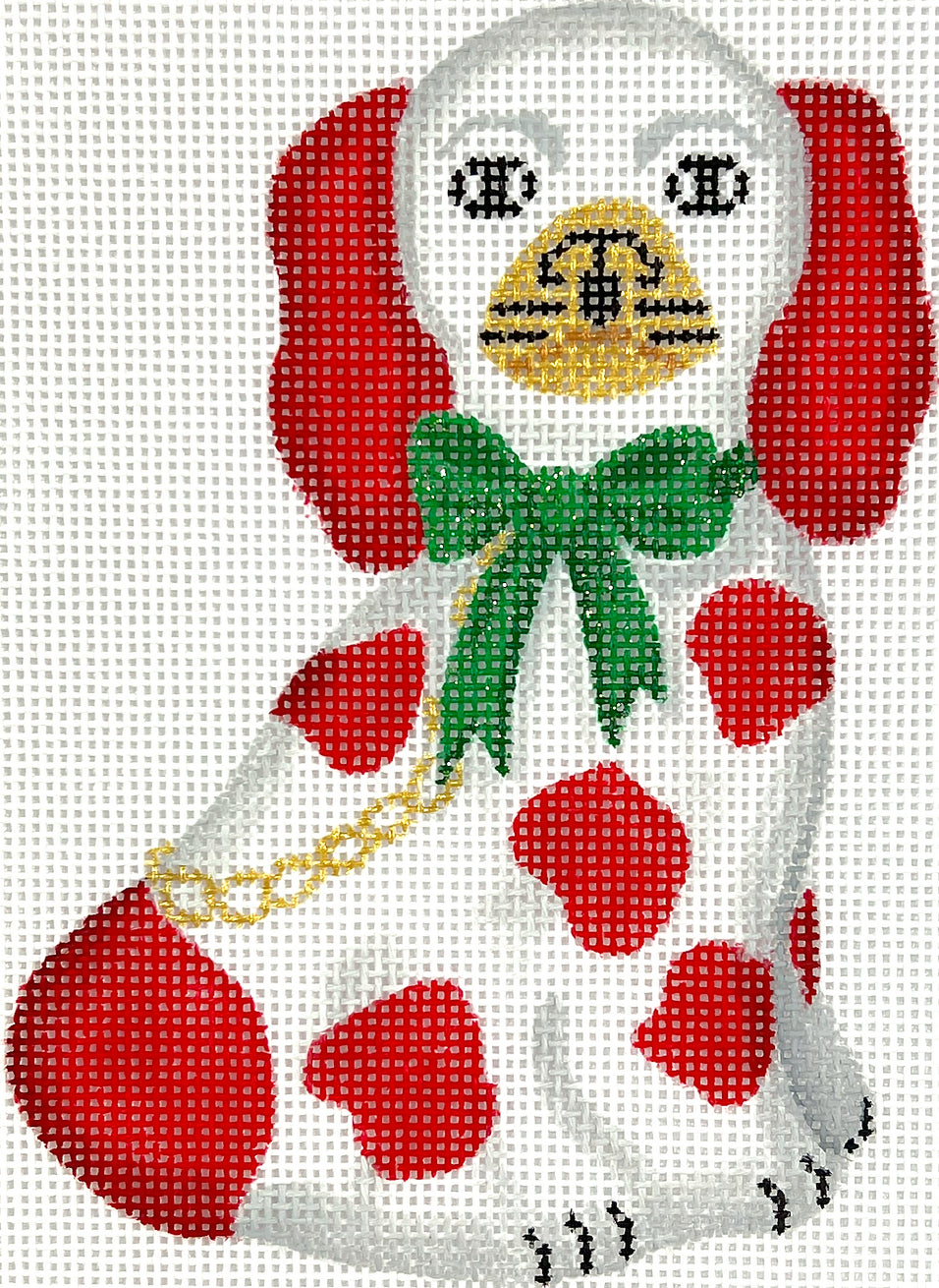 Mini Staffordshire Dog – White & Red w/ Gold Chain & Sparkly Green Bow (facing right)