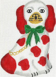 Mini Staffordshire Dog – White & Red w/ Gold Chain & Sparkly Green Bow (facing right)