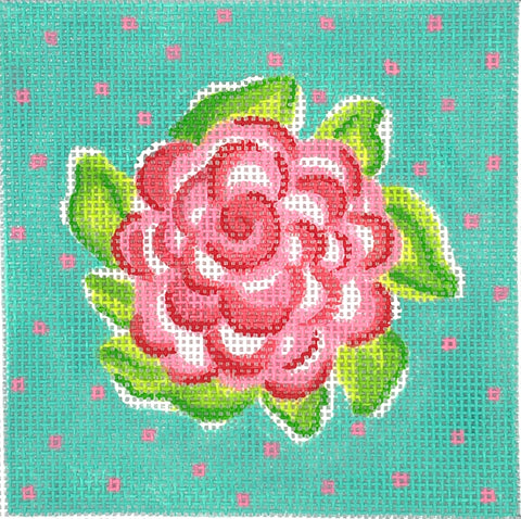 Planet Earth 4” Square Insert – Lilly-inspired Rose w/ Dots – pink & greens on turquoise