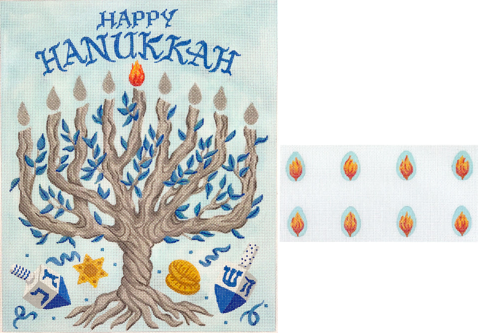 Menorah Set – Tree of Life with Individual Flames – blues, silvers, golds, oranges & sparkles. Flames Included