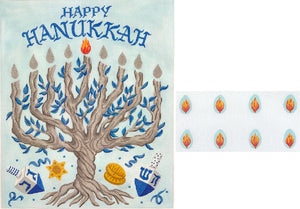 Menorah Set – Tree of Life with Individual Flames – blues, silvers, golds, oranges & sparkles. Flames Included