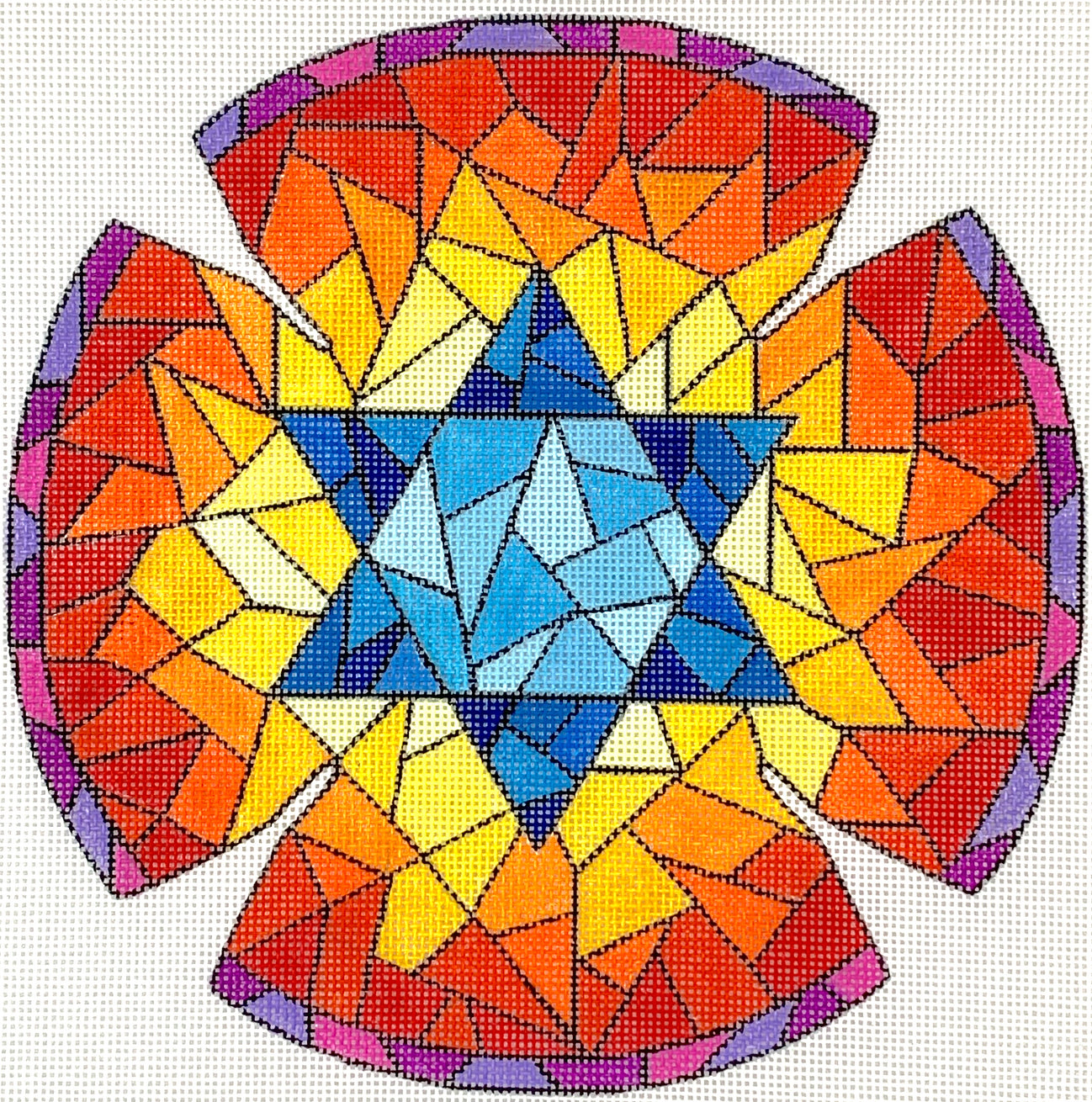 Kippah – Stained Glass w/ Star of David – blues, yellows, reds, oranges & purples w/ black