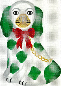 Mini Staffordshire Dog – White & Green w/ Gold Chain & Sparkly Red Bow (facing left)