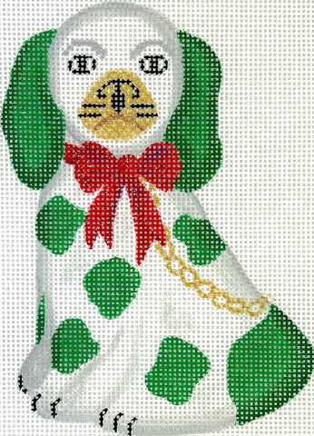 Mini Staffordshire Dog – White & Green w/ Gold Chain & Sparkly Red Bow (facing left)