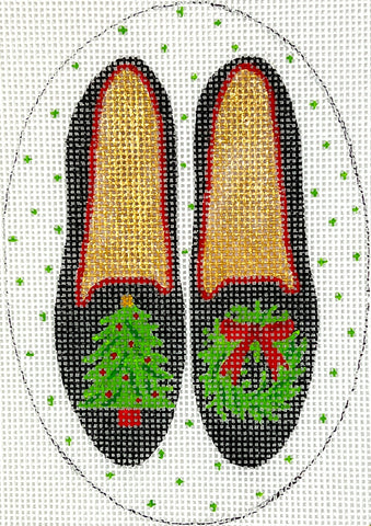 Christmas Ornament – Black Velvet Shoes w/ Tree and Wreath
