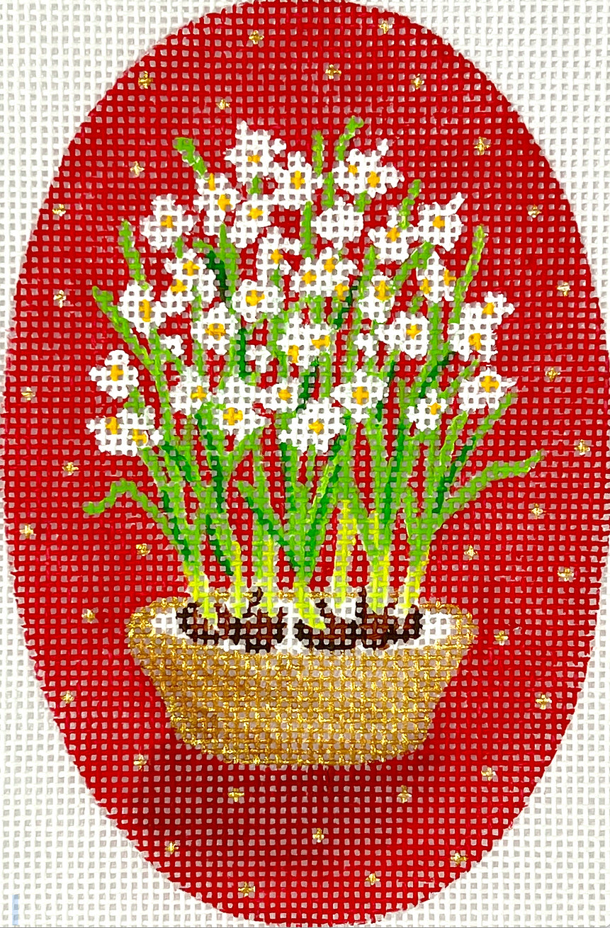 Christmas Ornament – Paperwhites in Gold Bowl on Red w/ Gold Dots