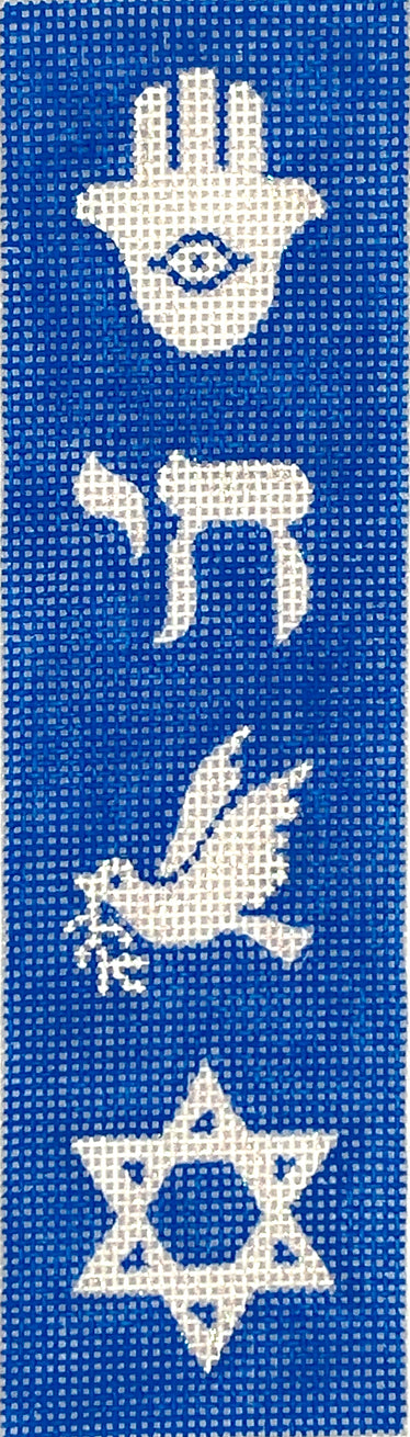 Bookmark – Jewish Symbols – Hamsa, Chai, Dove & Star of David – sparkly white on blue
