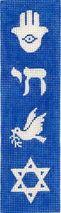 Bookmark – Jewish Symbols – Hamsa, Chai, Dove & Star of David – sparkly white on blue