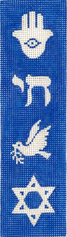 Bookmark – Jewish Symbols – Hamsa, Chai, Dove & Star of David – sparkly white on blue