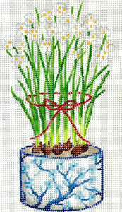 Christmas Ornament – Chinese Cache Pot – Blue & White w/ Cherry Tree, Paperwhites & Red Tie