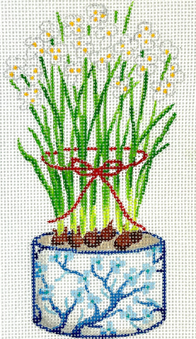 Christmas Ornament – Chinese Vase – Blue & White w/ Pagoda, Topiary & Red Bow