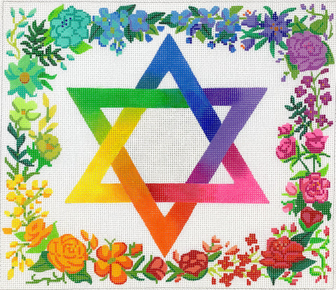 Tallis Bag – Rainbow Floral Star of David (no Dove) – multi on white