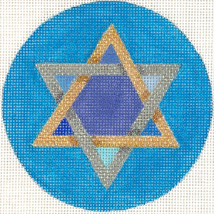 Star of David – mixed blues, golds, silvers on bright blue background