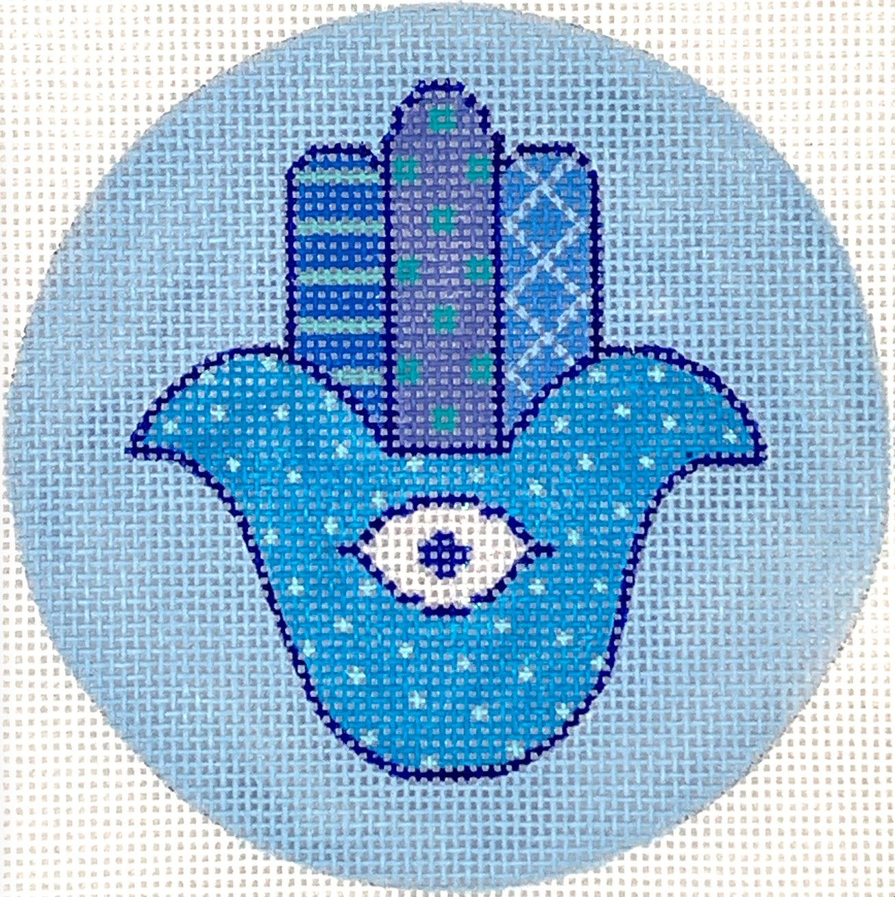 Hamsa Hand w/ Protective Eye – mixed blues & sparkly white on light blue