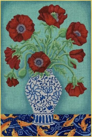 Red Poppies in Blue and White Vase