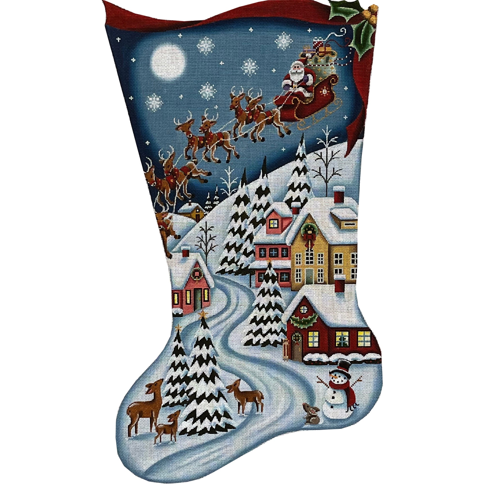 Christmas stocking with Santa Claus and reindeer design on a white background