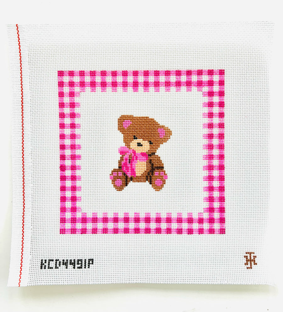 Pillow: Teddy Bear with Gingham Border - Pink