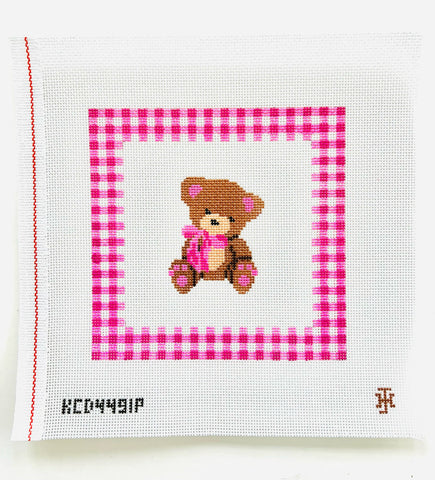 Pillow: Teddy Bear with Gingham Border - Pink