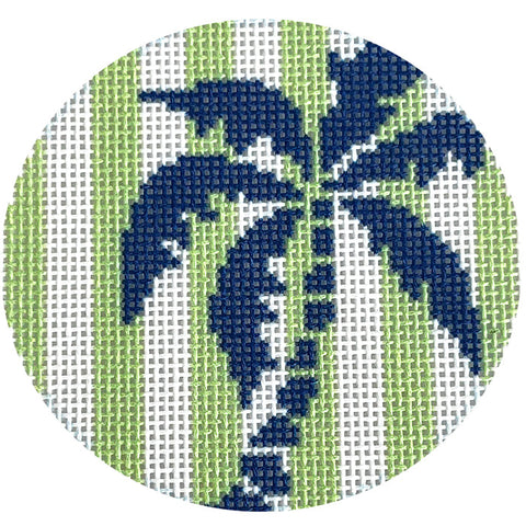 Round - Navy Palm Tree Stencil on Green Stripes