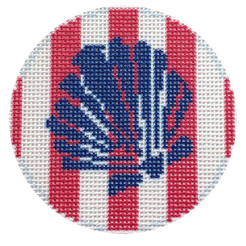 Round - Navy Scallop Shell Stencil on Red Stripes
