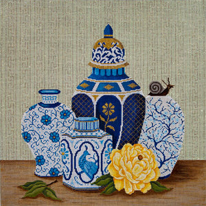 oriental: Blue Pots & Yellow Peony