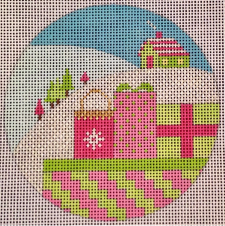 Christmas: Kringle 4" Round Ornament - Gifts Pink & Green