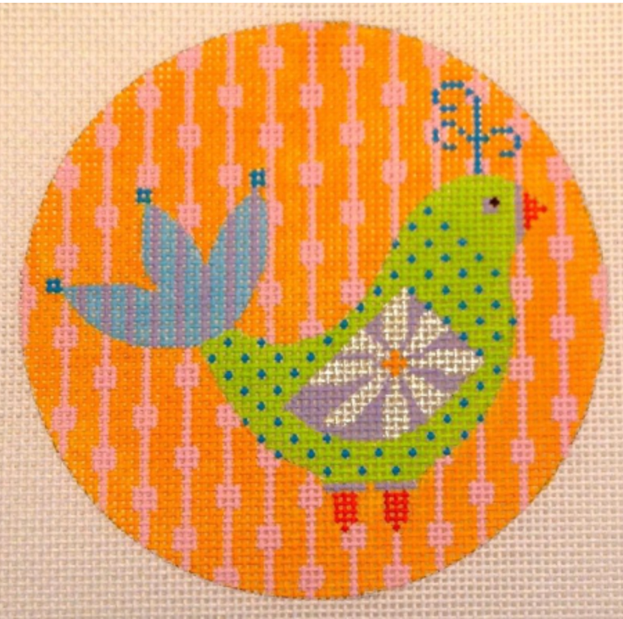 Nature: Mod Birds 4" Ornament - Green Bird on Orange
