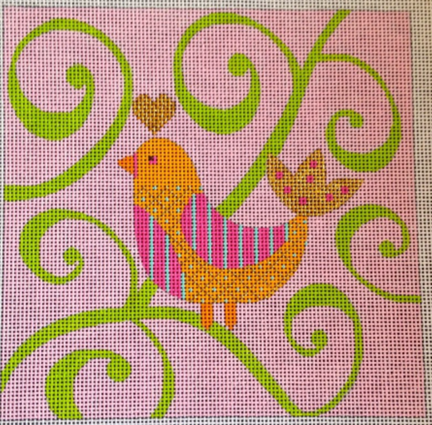 Nature: Mod Birds - Pink and green Swirl Background