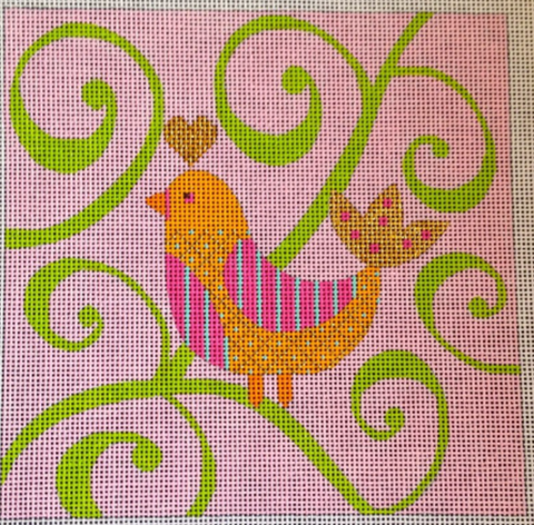 Nature: Mod Birds - Pink and green Swirl Background