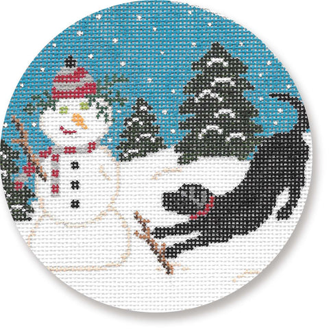 Ornament Round - Black Lab with Snowman