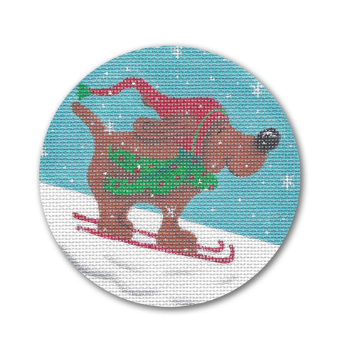 Ornament Round - Dog on Skis