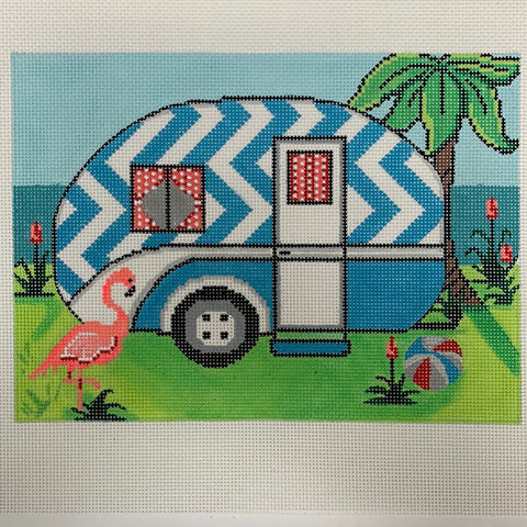 Camper with flamingo