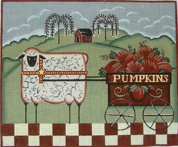 Sheep with Pumpkin Cart@Karen Cruden - Family Arts Needlework Shop